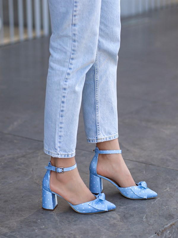Bebe Mavisi Saten Puantiye Kadın Topuklu Ayakkabı Hilton