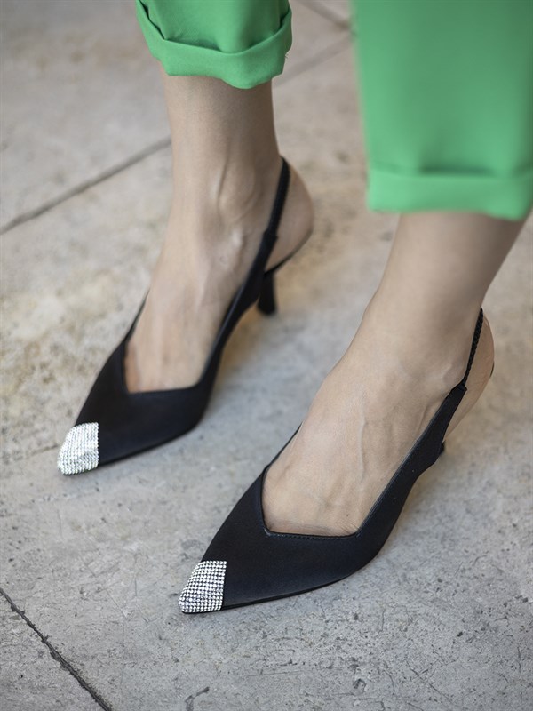 Siyah Saten 8 Cm Kadın Topuklu Ayakkabı Valeria