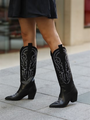 Siyah 7 cm Topuklu Desenli Kadın Çizme Silva