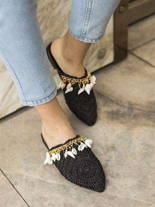 Siyah Deniz Kabuğu Hasır Kadın Terlik Ayakkabı Andes