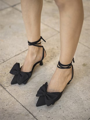 Siyah Saten Fiyonklu 6 Cm Kadın Topuklu Ayakkabı Magnolia