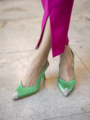 Yeşil Saten 8 Cm Kadın Topuklu Ayakkabı Valeria