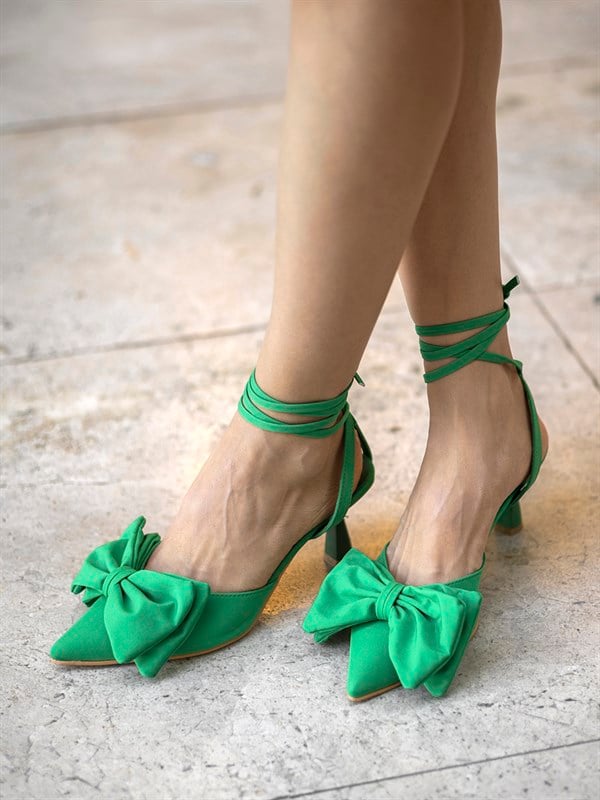 Yeşil Saten Fiyonklu 6 Cm Kadın Topuklu Ayakkabı Magnolia